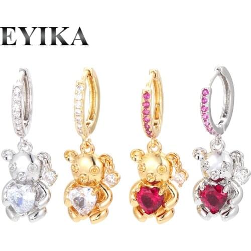 EYIKA Trendy White Red Gem Zircon Heart Cute Little Bear Drop Earrings for Women Girls Korean Style Jewelry Accessroies Gift