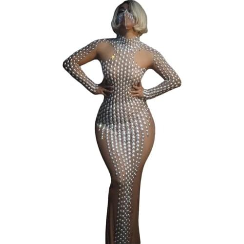 Fashion Rhinestones Pearls Mesh Dresses for Women Birthday Celebrate Dress Transparent Outfit Women Singer Dance Stage Costumes
