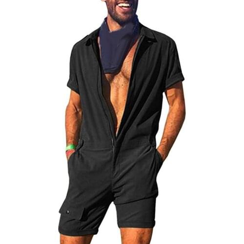 Men Rompers Fashion Solid Color Jumpsuit Short Sleeve Pockets Zip Romper Overall Work Clothes 2021 Casual Playsuit Men Streetwea