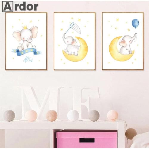 Personalized Elephant Name Custom Wall Art Canvas Painting Animal Balloon Moon Poster Print Nordic Picture Baby Kids Room Decor