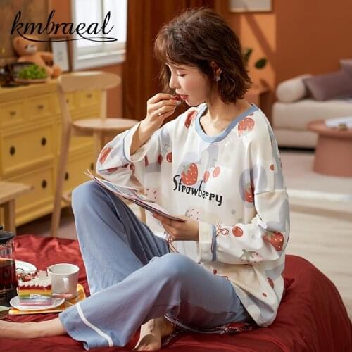 Pajamas for Women Korean Strawberry Girls Cute Autumn Winter Long Sleeve Leisure Sleepwear Loose Nightwear Homewear Plus Size