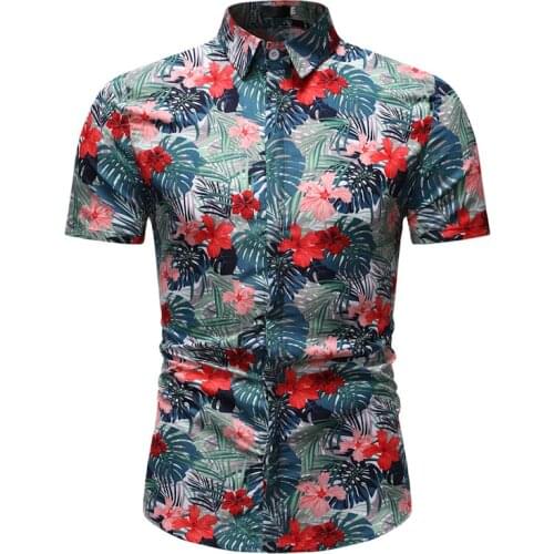 Pop Summer Business Casual Short Sleeve Print Shirt Men Fashion Slim Tops Male Leaf Flowers Printed Hawaiian Beach Shirts Man