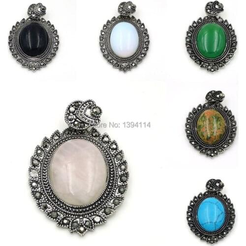 Mixed Stones Pink Quartz/Blue Sand/Unakite Oval Penants Stones And CZ Glued With Copper Settings Of Plating Black Gun 55*40 mm