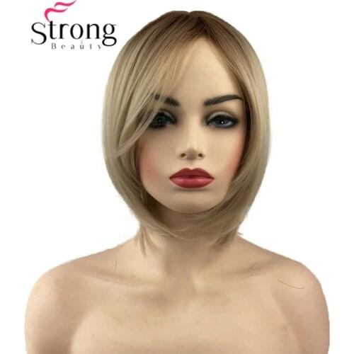 StrongBeauty Short Soft Layered Cute Blonde mix Straight Synthetic Wig Womens daily full Hair Wigs Skin Top