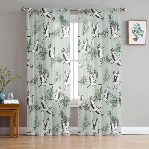 Bird Crane Leaves Window Curtains Bedroom Modern Drape Sheer Tulle Valances Living Room Kitchen Voile Curtain