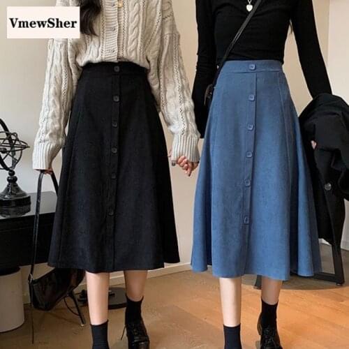 VmewSher New Autumn Spring Retro Office Lady Elegant Mid-calf A-line Skirt Women Single Breasted Fashion Long Skirts Vintage