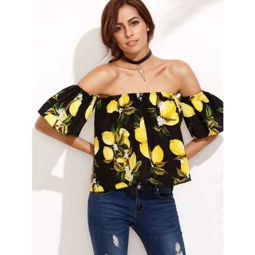 Womens Casual Lemon Flora Print Off Shoulder Flare Sleeve Top Loose Blouse