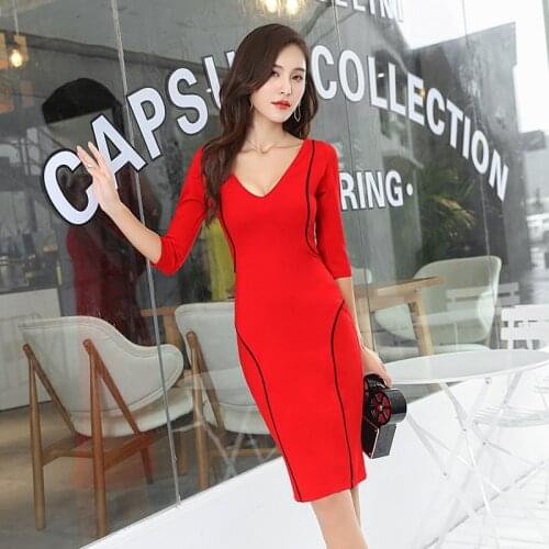 Autumn Sexy Party Bodycon Pencil Office Dresses Women Three-quarter Sleeve V Neck Elegant Dresses Vestidos Vintage Bandage Dress