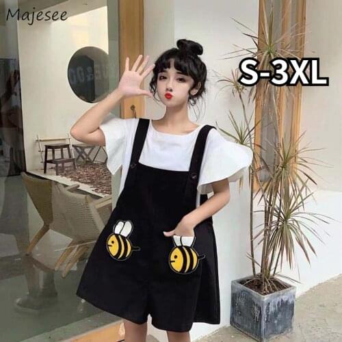 Short Sets Women Embroidery Pockets Cartoon Kawaii Girls Lovely Students Casual Fashion All-match Ulzzang Chic Cute Stylish New