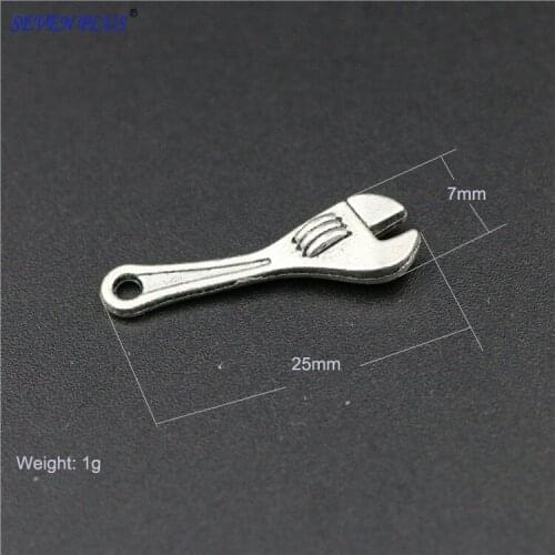 High Quality 20 Pieces/Lot 7mm*25mm Antique Silver Plated Small Wrench Spanner Tool Charm For Jewelry Making