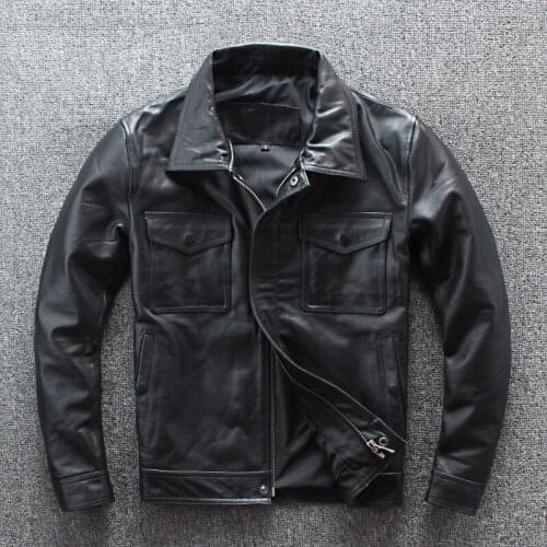 Lapel Mens Motorcycle Slim Multiple pockets Black Genuine Biker Jacket Men Casual Cowhide Real Leather Zipper Coat