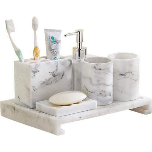 Nordic Bathroom Set Marble Pattern Resin Washroom Accessories Toothbrush Holder Soap Dispenser Soap Dish Bathroom Tray for Weddi