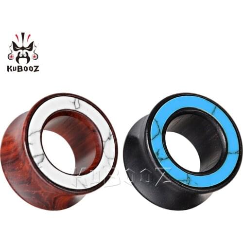 KUBOOZ Latest Design Fashion Wood Blue White Stone Ear Tunnels Expanders Piercing Body Jewelry Ear Gauges Stretchers 8-25mm