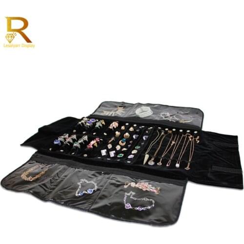 Wholesale Portable Black Velvet Zipper Bag Jewelry Roll Storage Bag Ring Pendant Folding Travel Organizer Earrings Case Box