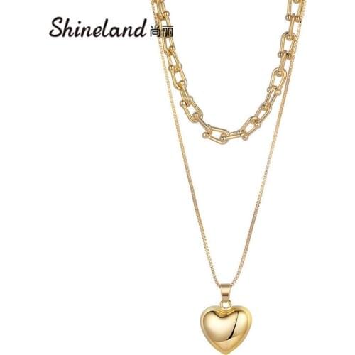 Shineland Vintage Gold Color Metal Long Chain Heart Choker Necklace For Women 2021 Trendy Punk Exaggerated Jewelry Bijoux Gift