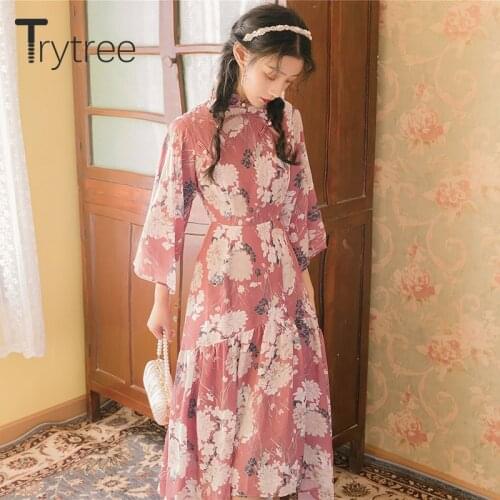Trytree Spring Women Dress Casual Stand Collar Three Quarter Flare Sleeve Print Chinese style Elegant Irregularity A-line Dress