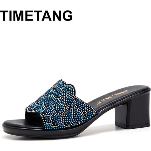 TIMETANG women slipper 2020 ladies summer genuine leather slippers shoes women high heels fashion rhinestone summer shoes