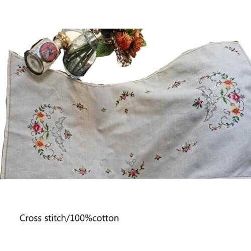 Vintage Ivory Cotton Cross stitch Christmas bed Table Runner flag cloth cover Lace tablecloth kitchen Wedding party decor