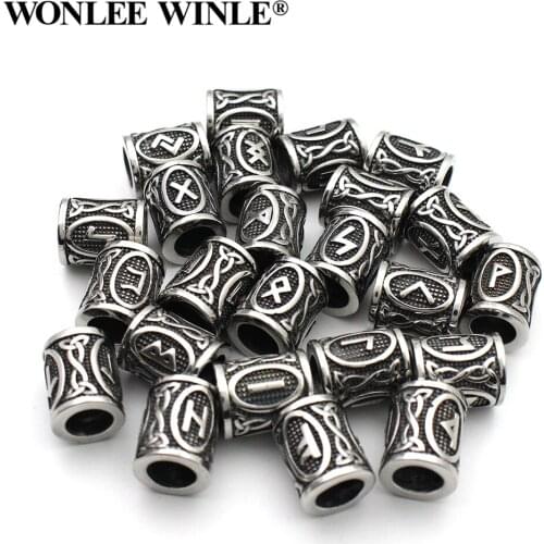 Wonlee Winle 316L Stainless Steel 8.2mm Big Hole Vintage Viking Runes Cylinder Beads For Bracelet Jewelry Making DIY Men&Women