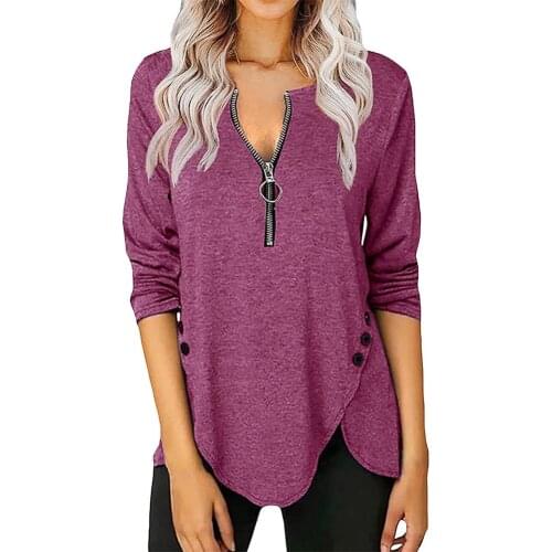 2021 Autumn New Fashion Ladies Zipper V-Neck English solid color Casual Loose Top T-Shirt Women Clothing