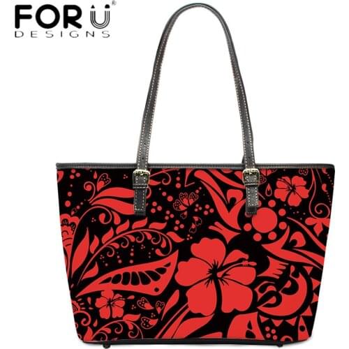 FORUDESIGNS Luxury Leather Totes Bag For Women Polynesian Red Hawaii Flower Print Outdoor Fashion Female Beach Shoulder Bag