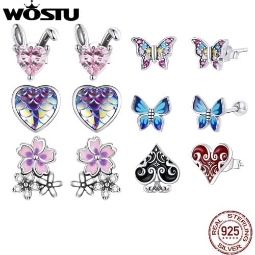WOSTU 100% 925 Sterling Silver Bird Flamingos Flower Stud Earrings For Women Wedding Small Earrings Fashion Anniversary Jewelry