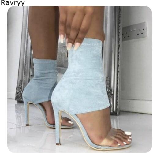 Ins Fashion Women short sandal boots cover heel elastic blue suede leather ankle boot thin heel peep toe high heels female shoes