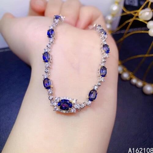 Fine Jewelry 925 Sterling Silver Inset With Natural Gemstones Womens Luxury Elegant Dark Blue Topaz Hand Bracelet Support Detec