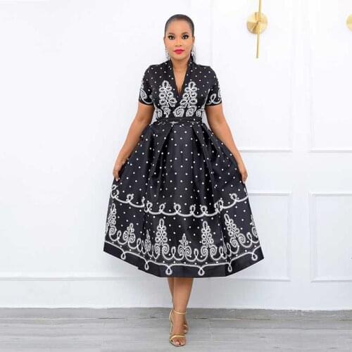 Plus Size African Dresses For Women 2021 African Clothes Vintage Print Black Short Sleeve A Line Dress Elegant Daily Party Dress