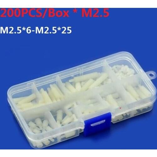 200pcs/set White M2.5 Nylon Hex Thread Standoff Spacers Screw Hex Nut Hex Spacers Male-Female M2.5*6 to M2.5*25 CK-WT025200