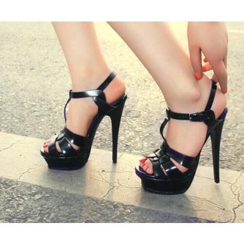 Carpaton Runway High Heel Sandals Summer Open Toe Patent Leather Platform Heels 14cm T-strap Gladiator Sandals Party Shoes