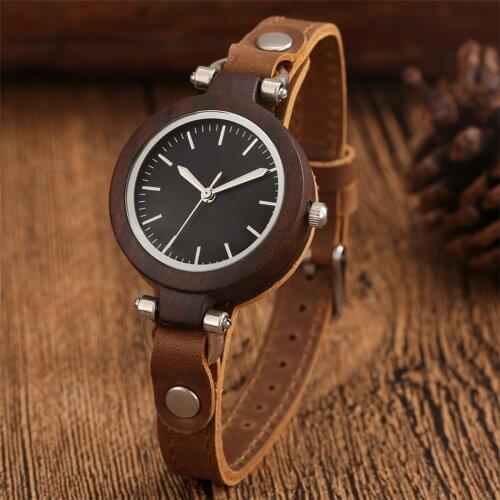 Punk Vintage Womens Wood Watch Slim Brown Genuine Leather Wristband Ladies Fashion Ebony Wooden Watches New Trends Female Clock
