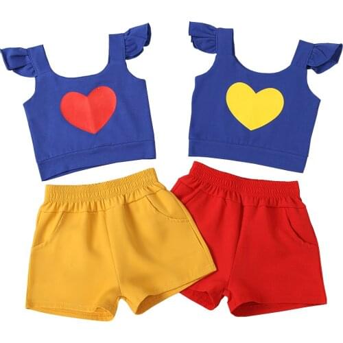 Valentines Days Lovely Kids Girls Clothes Sets 2pcs LOVE Heart Print Ruffles Sleeve Vest Shorts 0-4Y