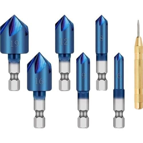 HLZS-6Pc 1/4Inch Hex Shank HSS Counter Sink Drill Bit 90 Degree 5 Flute Nano Blue Coated Chamfer Tool Woodworking Drill Bits