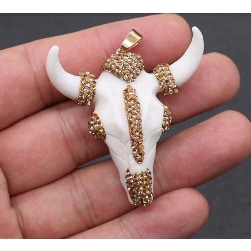 Fine 100% Beef Bone Pendants Bull head inlaid Crystal Pendants for Women Jewelry Gifts Making Necklace Accessories 26x30mm