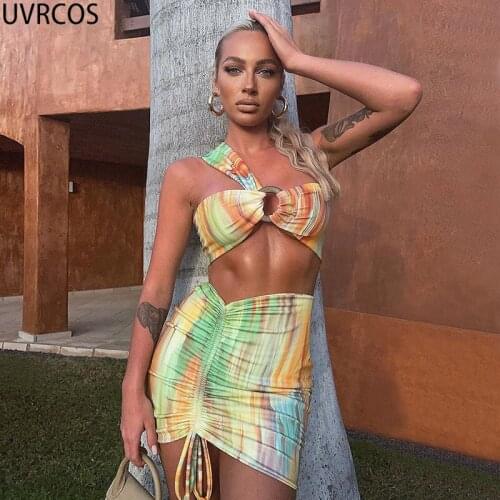 UVRCOS Art Print Two Piece Set Women Backless Lace Up Skew Collar Irregular Cyber Y2K Tops+Shirring Panelled Skirt Matching Set