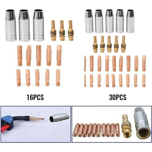 16/30pcs MB15 MIG Consumables Kit Contact Tips Shroud Nozzle Tip Holders For 14AK 15AK Welding Torch