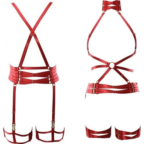 Red garter belt set body bondage hollow out cage bra sexy underwear Harajuku Gothic adjustment bra club party dance festival