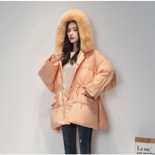 Korean Fashion Down Coat Parka Women Long Warm Winter Jackets Fox Fur Collar Hooded Down Coats Womens Candy Colors Down Outwear