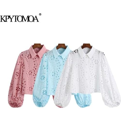 KPYTOMOA Women 2021 Fashion Hollow Out Embroidery Cropped Blouses Vintage Long Sleeve Button-up Female Shirts Chic Tops