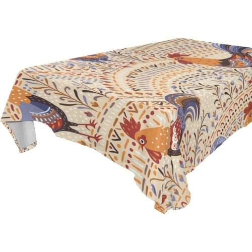 Cute Roosters Floral Ethnic Pattern Polyester Modern Printed Stain Wrinkle Resistant Table Cloth