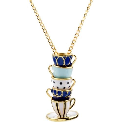 Fashion Enamel Necklace Hand Painted Tea Cup Stack Cups Pendant Long Necklace Cartoon Series Teacup Shape Jewelry For Women