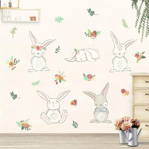 Sticker Wall Cartoon Animal Rabbit Flower Wall Stickers for Kids Rooms Home Decorations Pvc Wall Decals Wallpaper Sticker Kawaii