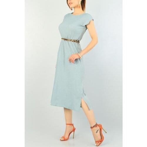 NEW SEASON FASHION SUMMER WOMEN WATER YEŞİLİ BELİ LASTİKLİ KRİNKIL DRESS 70467