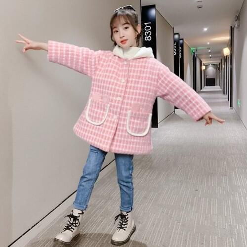 Autumn Winter Children Long Hooded Plaid Coat Girls Casual Thick Warm Outerwear Teenage Kids Mid-long Trench 6 7 8 9 10 11 12 13