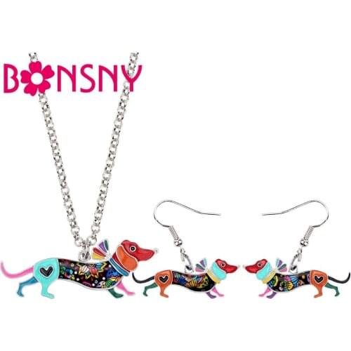 Bonsny Enamel Alloy Anime Collar Dachshund Dog Earrings Necklace Jewelry Sets For Women Girl Teen Birthday Gift Statement Bijoux