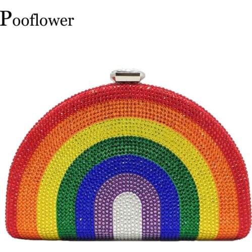 Pooflower Diamond Rainbow Evening Clutches Women Wedding Party Crystal Clutch Purses Chain Shoulder Bag pochette strass ZH239