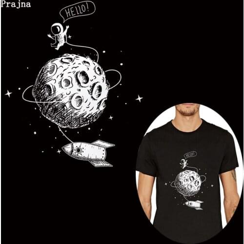 Prajna Space Moon Rocket Iron On Transfers For Man T-shirt Applique Thermal Transfers Stickers Patches For Clothing Accessories