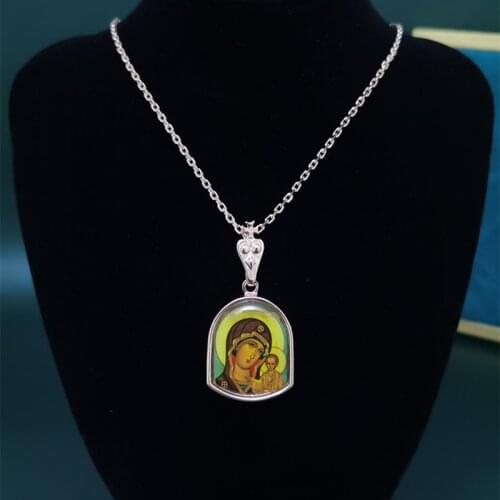 Unisex Religion Orthodox Pendant Necklace Kazan Icon Of The Mother Of God Rose Gold Resin Patch Neck Chain Jewelry Collier