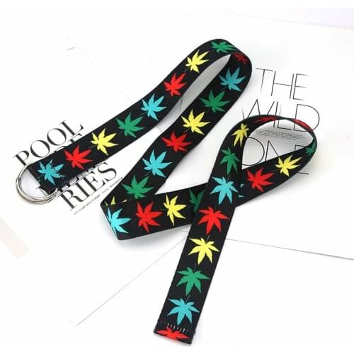 Maple Leaf Printed Canvas Belts For Women Men Metal D Ring Buckle Waist Belts Strap Jeans Dress Female Waistband Harajuku Weed